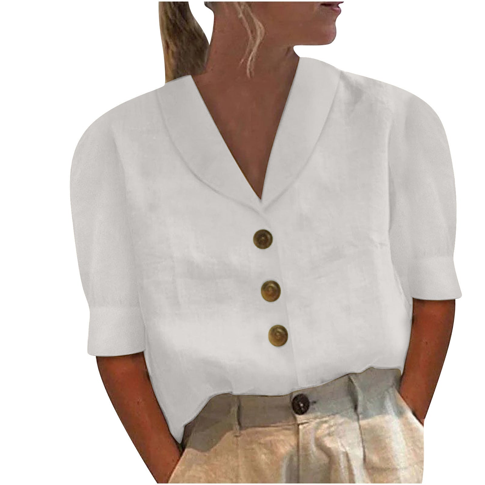 Retro-Chic Knopblouse met Geknoopte Voorkant